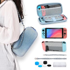 Younik Switch Case for Switch 2017, Denim Switch Carrying Case for Girls, 15 in 1 Accessories kit with Portable Case, Screen Protector, Cover, Thumb Grips Caps, Game Card Case and Strap