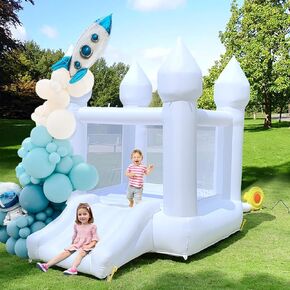 White Bounce House Indoor Outdoor Bouncy Castle for Kids 2-8 Oxford Toddler Bounce House with Slide Balloon & Blower,103 x 71 x 90 inch,Children's Birthday Party