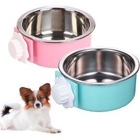 kathson Crate Dog Bowl, Removable Stainless Steel Hanging Pet Kennel Cage Bowl Food & Water Feeder Coop Cup for Puppy, Cat, Rabbit,Guinea Pigs 2pcs (Blue,Green)