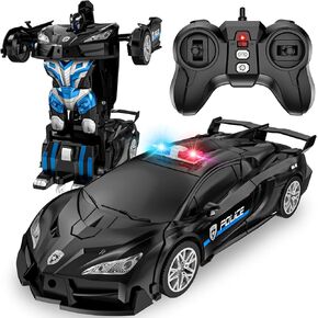 Remote Control Car, Transform Robot RC Cars, 2.4Ghz Transforming Police Car Toy with LED Light, One-Button Deformation & Rotating Drifting, Toys for 5+ Year Boys/Girls