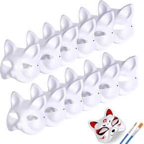12 Pcs Cat Mask Therian Masks White Paper Cat Masks to Paint Blank Cat Therian Masks for Kids DIY Craft Masquerade Costume Cosplay Party Christmas Gift