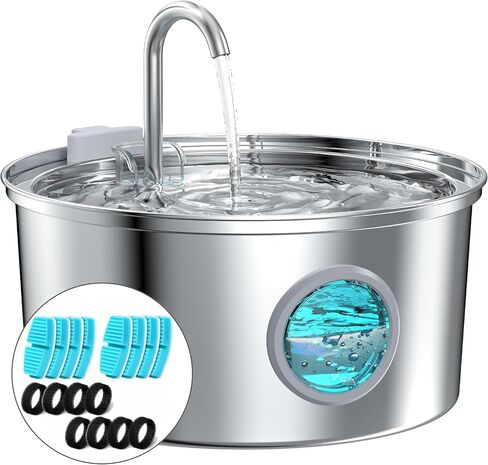 Cat Water Fountain Stainless Steel - Dog Automatic Waterer Bowl - Auto Pet Dispenser - Small Pets Drinking Waterer Indoor - Auto Dish Animal Fountains - 108oz/3.2L Metal Self Kitty Watering Supplies in Saudi Arabia