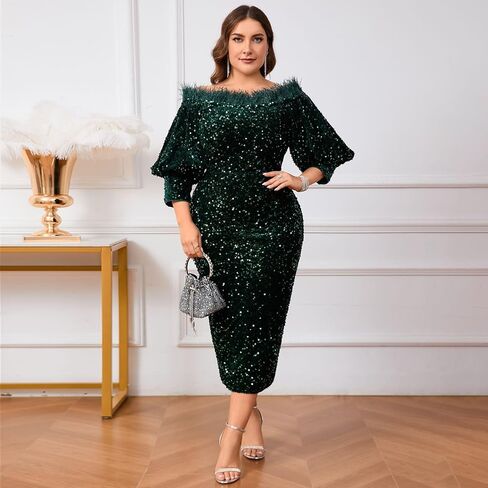 dasmzper Women Sexy Sequin Off The Shoulder Puff 3/4 Sleeve Bodycon Dress Formal Party Cocktail Evening Midi Dress in Kuwait