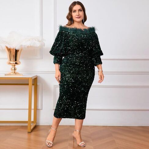dasmzper Women Sexy Sequin Off The Shoulder Puff 3/4 Sleeve Bodycon Dress Formal Party Cocktail Evening Midi Dress in Kuwait