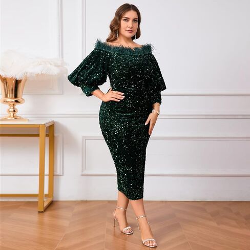 dasmzper Women Sexy Sequin Off The Shoulder Puff 3/4 Sleeve Bodycon Dress Formal Party Cocktail Evening Midi Dress in Kuwait