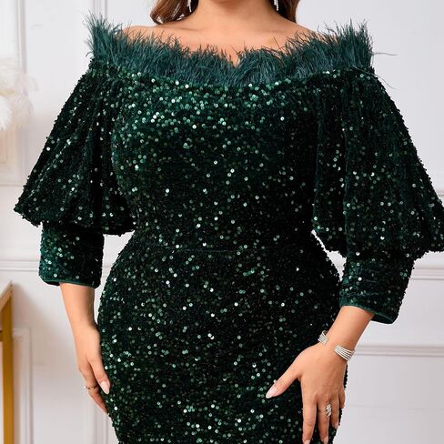 dasmzper Women Sexy Sequin Off The Shoulder Puff 3/4 Sleeve Bodycon Dress Formal Party Cocktail Evening Midi Dress in Kuwait