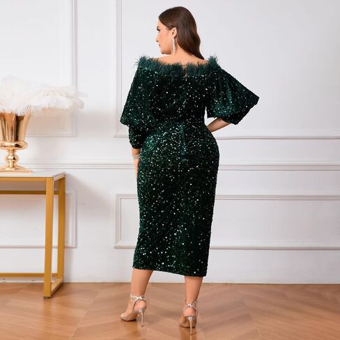 dasmzper Women Sexy Sequin Off The Shoulder Puff 3/4 Sleeve Bodycon Dress Formal Party Cocktail Evening Midi Dress in Kuwait