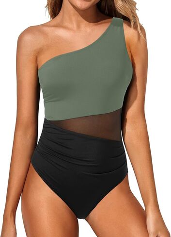 Yonique Women One Piece One Shoulder Swimsuit Tummy Control Bathing Suit Mesh Swimwear in Kuwait