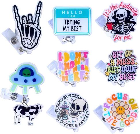 YJ PREMIUMS 8PC Funny Cute Fun Badge Reel Holder ID Card Retractable Clip for Nurse Nurses Nursing Teacher Office Workers | Meme It’s Fine Just My Face Job Descriptions Goose Bumps Coworkers Gifts in Saudi Arabia