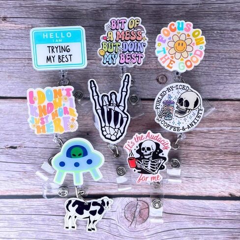 YJ PREMIUMS 8PC Funny Cute Fun Badge Reel Holder ID Card Retractable Clip for Nurse Nurses Nursing Teacher Office Workers | Meme It’s Fine Just My Face Job Descriptions Goose Bumps Coworkers Gifts in Saudi Arabia