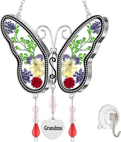 Butterfly Suncatcher Grandma Glass Sun Catcher, Pressed Real Flower Wings in Glass, Butterfly Suncatchers Grandma's Birthday Gift Ornament for Windows with Metal Heart Charm in Saudi Arabia