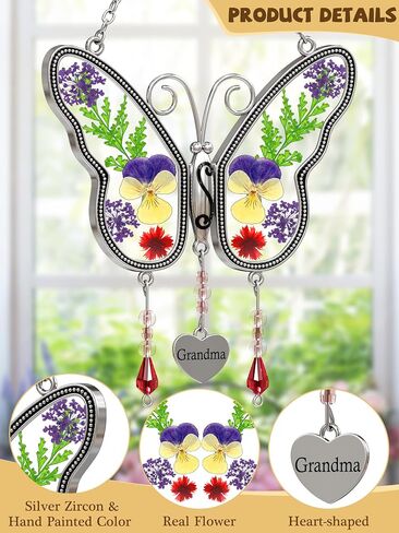 Butterfly Suncatcher Grandma Glass Sun Catcher, Pressed Real Flower Wings in Glass, Butterfly Suncatchers Grandma's Birthday Gift Ornament for Windows with Metal Heart Charm in Saudi Arabia