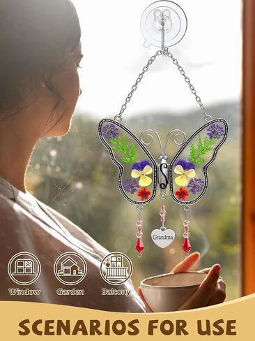 Butterfly Suncatcher Grandma Glass Sun Catcher, Pressed Real Flower Wings in Glass, Butterfly Suncatchers Grandma's Birthday Gift Ornament for Windows with Metal Heart Charm in Saudi Arabia