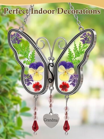 Butterfly Suncatcher Grandma Glass Sun Catcher, Pressed Real Flower Wings in Glass, Butterfly Suncatchers Grandma's Birthday Gift Ornament for Windows with Metal Heart Charm in Saudi Arabia