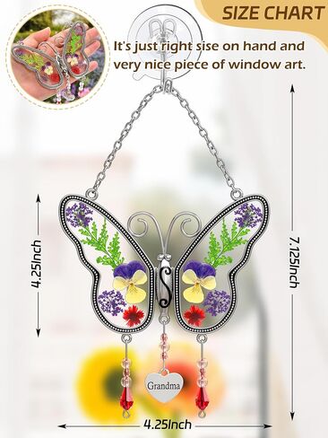 Butterfly Suncatcher Grandma Glass Sun Catcher, Pressed Real Flower Wings in Glass, Butterfly Suncatchers Grandma's Birthday Gift Ornament for Windows with Metal Heart Charm in Saudi Arabia