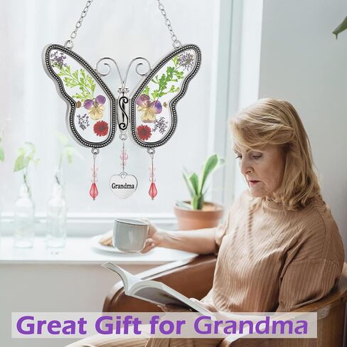 Butterfly Suncatcher Grandma Glass Sun Catcher, Pressed Real Flower Wings in Glass, Butterfly Suncatchers Grandma's Birthday Gift Ornament for Windows with Metal Heart Charm in Saudi Arabia
