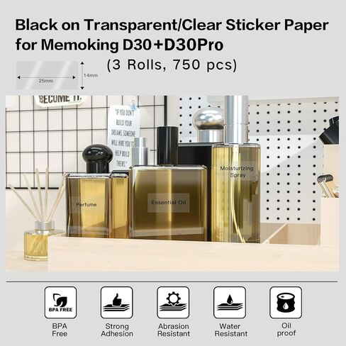 D30 Clear Label - D30 Transparent Thermal Label Tape 14mmx40mm(0.55" x 1.57") Compatible with Phomemo/Memoking D30 Printer Adhesive Clear Label Paper, for Labeling Cosmetics, Storage, Stationary in Kuwait