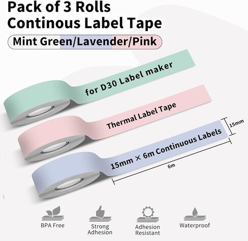 Continuous D30 Label Maker Tape - 3 Rolls Color D30 Continuous Labels Roll 15MMx6M(Green Purple Orange) Memoking D30 Labels Refills Compatible with Phomemo Zodzi D30 Label Maker Tape in Saudi Arabia