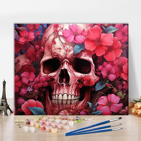 DIY Paint by Number for Adult, Skull Paint by Numbers, Flowers Adult Paint by Numbers Kits on Canvas, 16X20 Inch Skull Paint by Numbers for Adults Beginners in Saudi Arabia