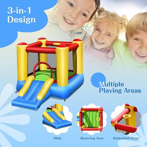 OLAKIDS Inflatable Bounce House, 3 in 1 Kids Jumping Castle with Large Bouncing Area, Slide, Basketball Rim, Indoor Outdoor Inflatable Obstacle Course with Carry Bag, Repair Kit (with 480W Blower) in Kuwait