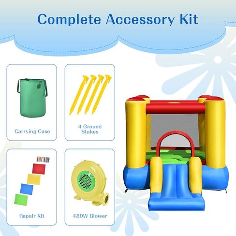 OLAKIDS Inflatable Bounce House, 3 in 1 Kids Jumping Castle with Large Bouncing Area, Slide, Basketball Rim, Indoor Outdoor Inflatable Obstacle Course with Carry Bag, Repair Kit (with 480W Blower) in Kuwait