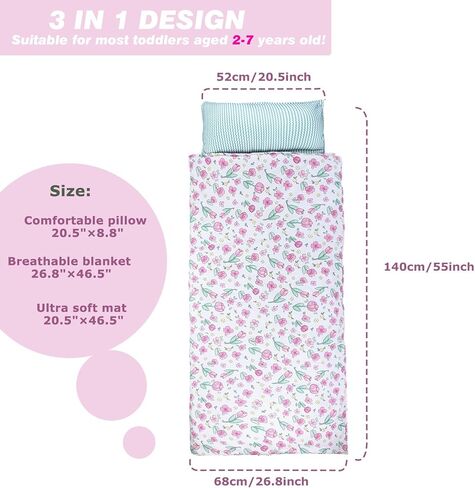 Toddler Nap Mat with Removable Pillow & Soft Blanket, All-in-One Lightweight Sleeping Bag for Daycare, Preschool, Kindergarten & Travel, Washable Bedding for Kids Boys & Girls in Saudi Arabia