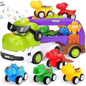 5-in-1 Dinosaur Toys for Kids 3-5, Dinosaur Truck with 4 Pack Small Pull Back Dino Car, Dinosaur Cars Set, Birthday, Big Trucks Toys for 3 + Year Old Boy and Girl -Red