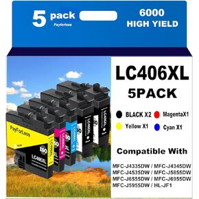 LC406XL Ink Cartridges Compatible for Brother LC406XL LC406 for Brother MFC-J4335DW MFC-J4535DW MFC-J5855DW MFC-J6555DW MFC-J6955DW Printer 5 Pack(2 Black Cyan Magenta Yellow)