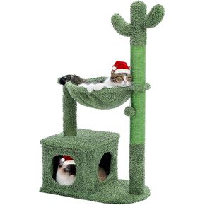 Cactus Cat Tree 40" Cat Tower with Large Metal Carpet Hammock, Cat Scratching Post for Indoor Cats with Condo& Dangling Ball, Green