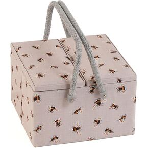 Hobby Gift Sewing Basket – 10 x 10 x 6.75 Large Twin Lid Sewing Box with Removeable Tray & Pincushion, Craft Storage & Hobby Organiser for Sewing Supplies – Bees