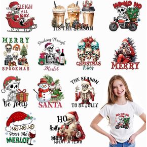 12 Sheets Christmas Iron on Transfers for T-Shirts,Christmas Heat Transfers Vinyl, Christmas Iron on Decals for Clothes Bag Pillow Covers DIY Decorations