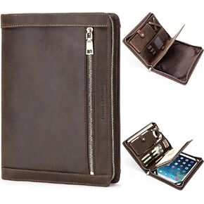 Top Grain Leather 11" Portfolio for Men & Women, Solid Vintage Design, Handmade, Large Capacity Multi-Functional Business Padfolio, Holder for Cards/iPad/Phone/Cable/A5 Paper, Coffee 11 Inch