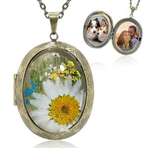 Photo Locket Necklace for women, Handmade，Pressed Flower,Vintage Oval picture pendant necklace,With Tools For Cropping and Pasting Photos (oval forget-me-not)