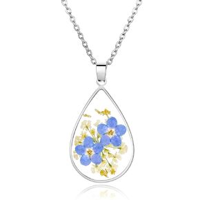 Forget-Me-Not وقلادة الزهرة البرية المضغوطة من الدانتيل للملكة آن | قلادة مدلاة صورة بيضاوية الشكل مصنوعة يدويًا، قلادة زهرة ذهبية مضغوطة | القلائد المصنوعة يدويا شخصية