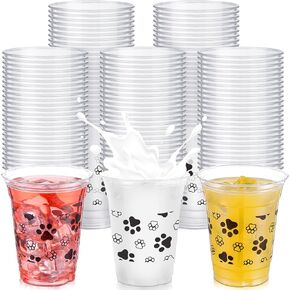 50 Pcs Dog Party Cups Bulk Puppy Paw Print Themed Cups 12 oz Disposable Clear Plastic Birthday Party Cups for Ice Coffee, Smoothie, Juice, Baby Shower Classroom Party Supplies