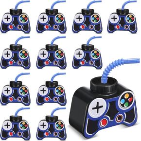 Mifoci 12 Pcs Plastic Video Gaming Party Favor Gift Supplies Cups with Straw and Lid,10oz Gamer Birthday Party Video Game Shape Drink Cups for Boy Video Game Party (Blue) in Kuwait