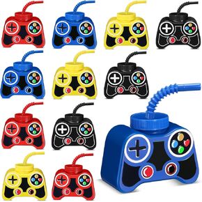 Mifoci 12 Pcs Plastic Video Gaming Party Favor Gift Supplies Cups with Straw and Lid,10oz Gamer Birthday Party Video Game Shape Drink Cups for Boy Video Game Party (Blue)