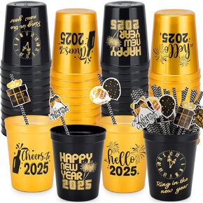 24 Pcs Happy New Year Party Cups 16oz Stadium Cups and 24 Pcs Happy New Year Party Disposable Drinking Paper Straws,Perfect for Happy New Year Eve Party Supplies 2025