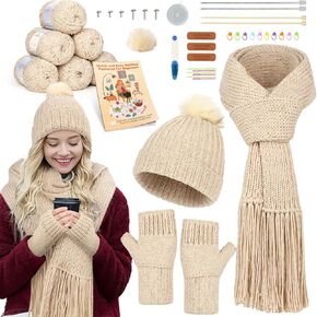 Katech Knitting Kit for Beginners Adults-Learn to Knit Kits for Adults Beginner Kids-Beginner Knitting Kit for Adults w/Step-by-Step Instruction-Complete Hat Scarf Gloves Knitting Starter Kit