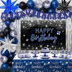 Blue Birthday Decorations for Men, Happy Birthday Decorations for Men Women Boy Party Decoration Backdrop & Tablecloth Balloons Arch Kit Blue Silver Confetti Balloons Foil Fringe Curtains Table Cover