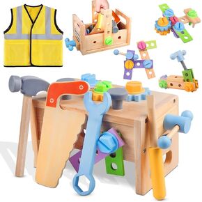 Aliex Wooden Kids Tool Set, 30pcs Toy Tools for Toddlers with Vest, Tool Kit Toddler Montessori Stem Learning Educational Toys for 2 3 4 5 Years Old Boys Girls, Birthday Gift for Kids