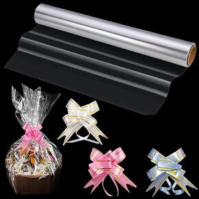 PYGHAP Clear Cellophane Wrap Roll 16'' x 100' Clear Wrapping Paper, Transparent Thicker Cellophane Paper Gift Baskets Wrap with 30pcs Pull Bows for Christmas Party Gift Basket Treats Flower Wrapping (Snowflake Cellophane)