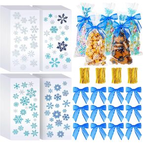 Yoojahow 50 Pcs Snowflake Treat Bags with 50 Pcs Twist Tie Bows Cellophane Candy Bags winter Goodie Bag Plastic Cookie Gift Bags for Holiday Party Favors Snacks Packing Supplies