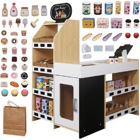 Kids Grocery Store Playset,Pretend Play Store Toy & Wooden Supermarket Shopping Cart with Toy Cash Register, Play Money&Blackboard;58 PCS Accessories Food Toys Shop for 1 Year Old Boys Girls Toddler