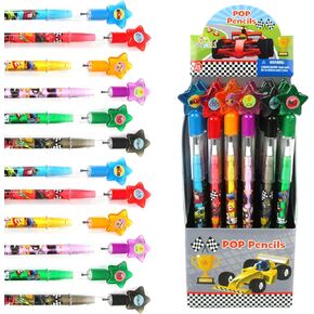 TINYMILLS 24 Pcs Race Car Stackable Pencil Assortment with Eraser for Party Favors Goodie Bag Stuffers VBS Classroom Rewards Carnival Prize