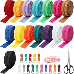 45 Yards 15 Colors #5 Nylon Coil Zippers with 90Pcs Pull Heads, Scissor, Ruler, Assorted Lengths Sewing Zipper for DIY Sewing Crafts Zipper Tape for Clothes, Bag, Purse Making Supplies Kit (Model 2)