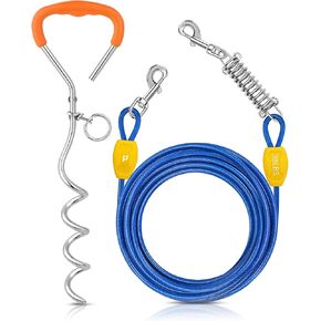 Petbobi Dog Tie-Out Cable and Stake - 30ft Heavy Duty Cable with Spring, No Tangle, 16in Ground Stake, Ideal for Yard, Camping and Beach, Suitable for Small Medium Large Dogs Up to 120 lbs, Blue
