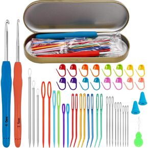 EuTengHao 65Pcs Assorted Yarn Needles Set, Bent Tapestry Needle Big Eye Blunt Knitting Needles Weaving Darning Needles Crochet Hooks with Stitch Markers with Storage Box for Knitting Crochet Sewing