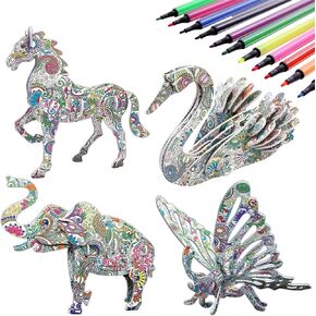 KAZOKU Crafts for Girls Ages 8-12 3D Coloring Puzzles Toys 4 Animals Puzzles with 12 Pen Markers Creative Arts and Crafts Kits for Kids Ages 8 9 10 11 12 Birthday Children's Day for Grils Boys