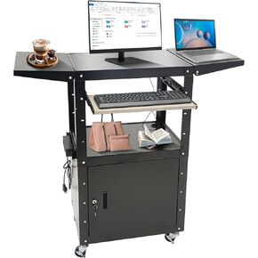 Upgraded AV Cart, Adjustable-Height Steel AV Cart with Locking Cabinet and Pullout Keyboard Tray, Rolling Media Cart with Wheels & Power (43"x18"x43")